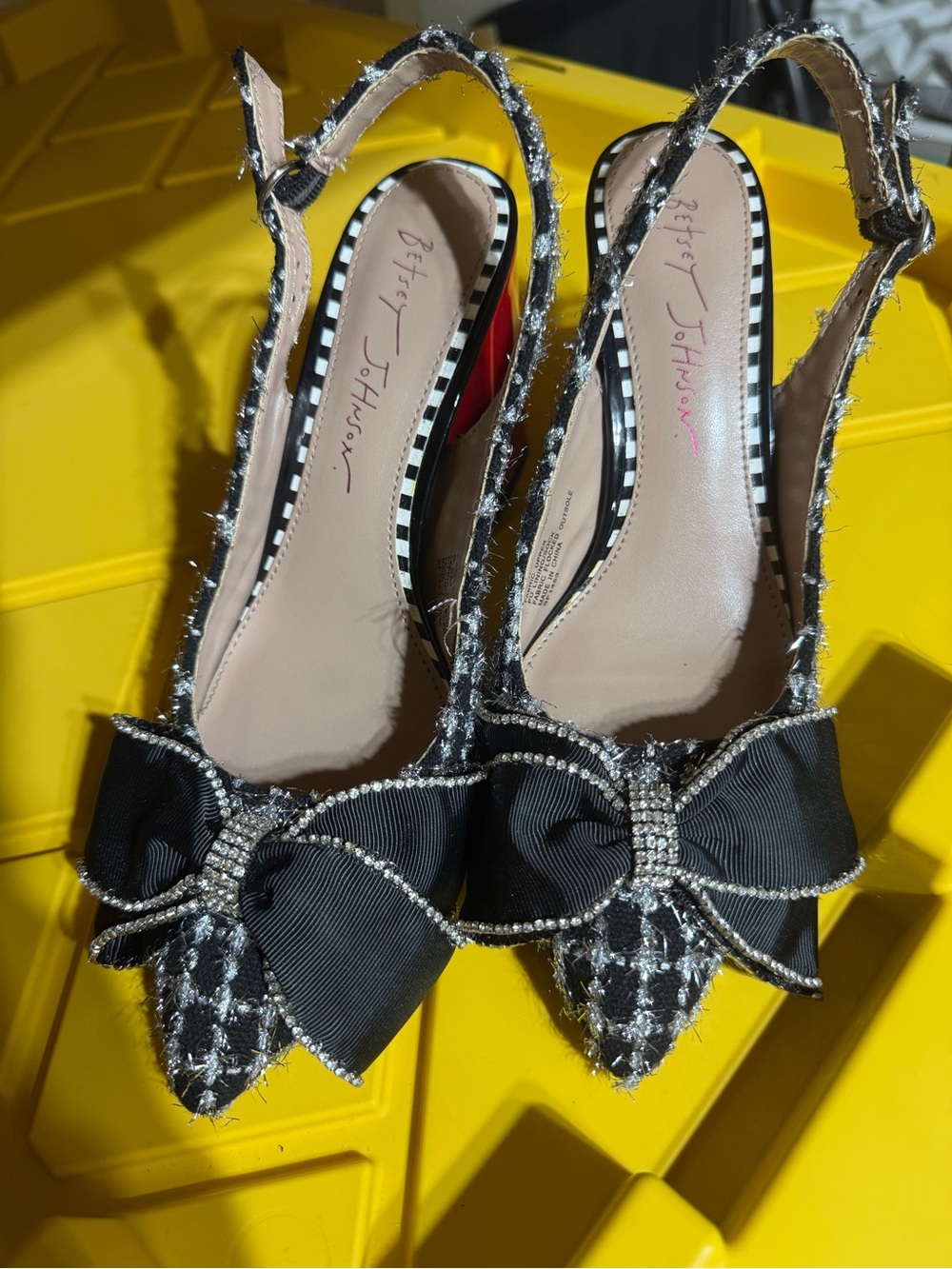 Betsey Johnson Black Tweed Pointed Slingback Heels with Rhinestone Bow